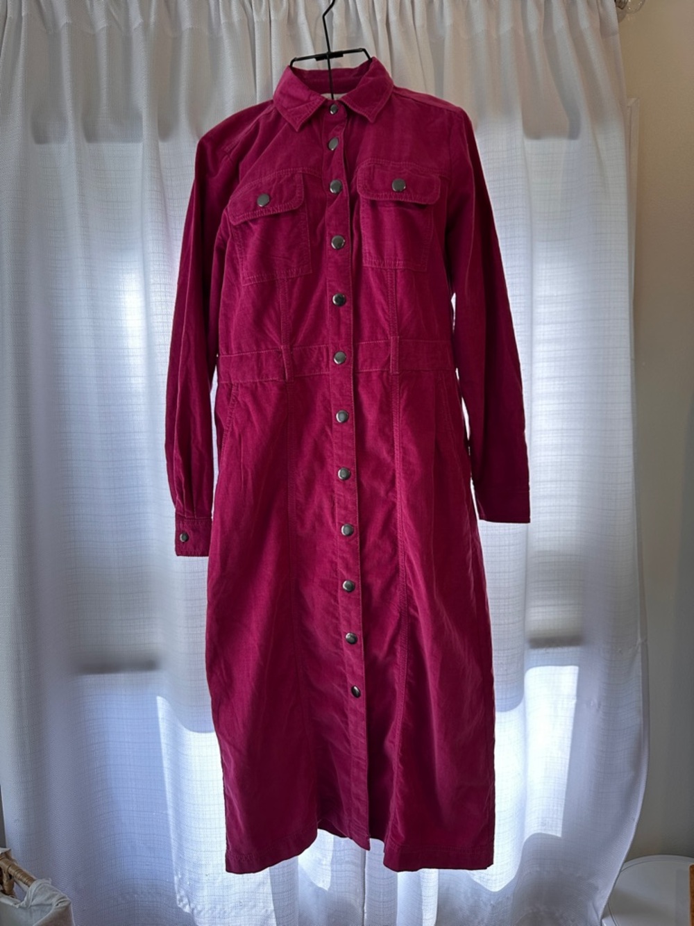 LOFT Long-Sleeve Corduroy Button-Front Dress in Magenta